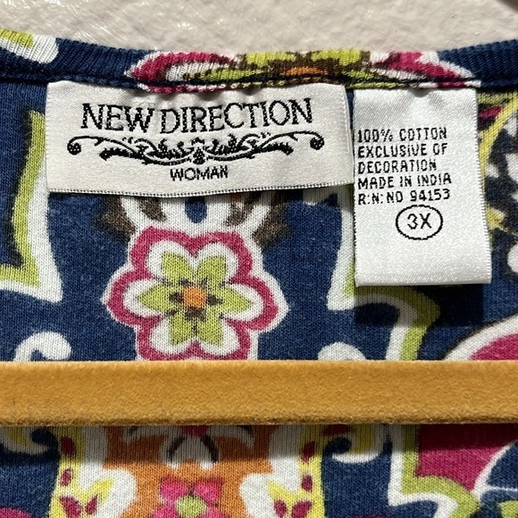 New Direction Elegant Blue Patterned Women's Top 100% Cotton Sz 3X 3/4 Sleeve - Picture 3 of 8